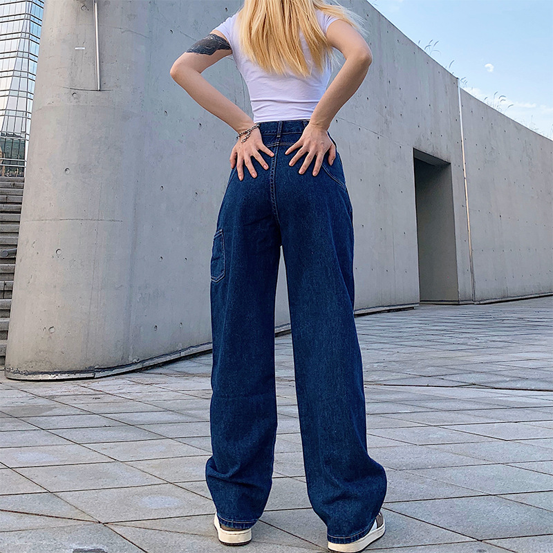 2021 High quality Retro Blue Women Jeans Casual Loose High Waist Skinny Pockets Cargo Trousers Wide Leg Jeans