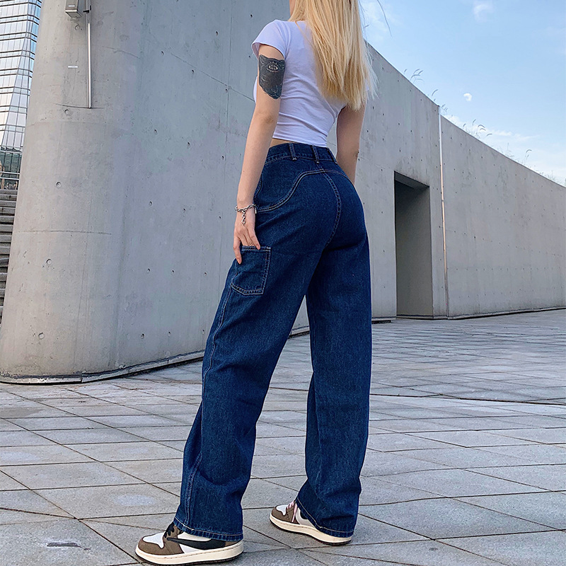 2021 High quality Retro Blue Women Jeans Casual Loose High Waist Skinny Pockets Cargo Trousers Wide Leg Jeans