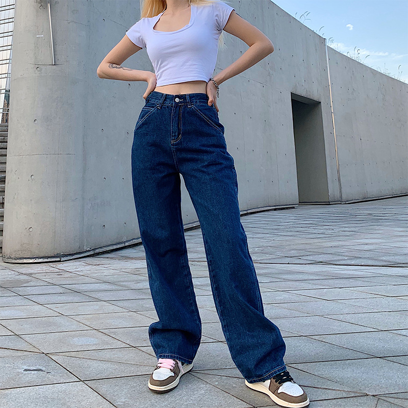 2021 High quality Retro Blue Women Jeans Casual Loose High Waist Skinny Pockets Cargo Trousers Wide Leg Jeans