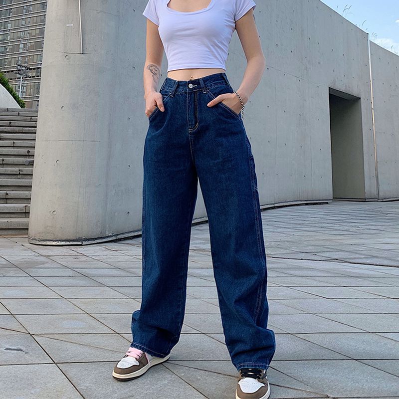 2021 High quality Retro Blue Women Jeans Casual Loose High Waist Skinny Pockets Cargo Trousers Wide Leg Jeans