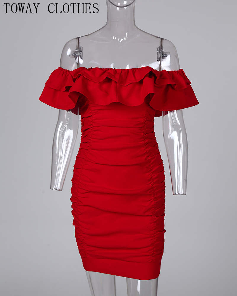 2021 High quality Women Sexy Off Shoulder Ruched Layered Ruffles Short Sleeve Red Mini Party Dress