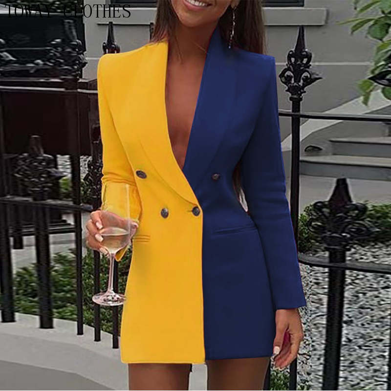 2021 High quality Women Blazer Dress Colorblock Pink Sequins Long Sleeve Double Breasted Party Dress