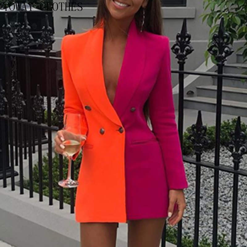 2021 High quality Women Blazer Dress Colorblock Pink Sequins Long Sleeve Double Breasted Party Dress
