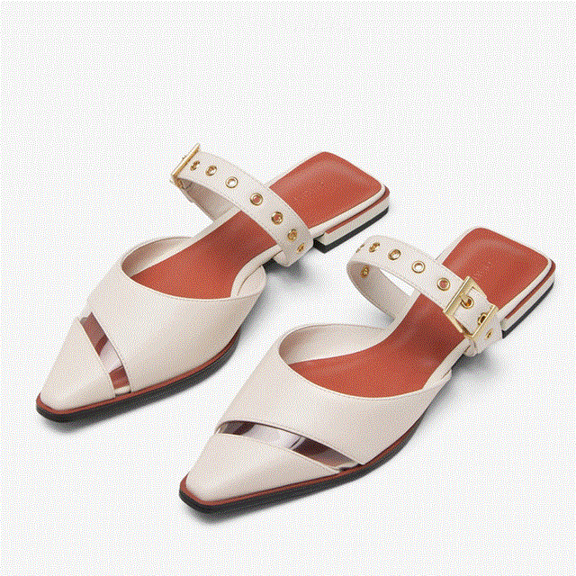 2021 High quality Ladies Metal Square Toe buckle Flat Sandals Women Outdoor Slip On Sandals