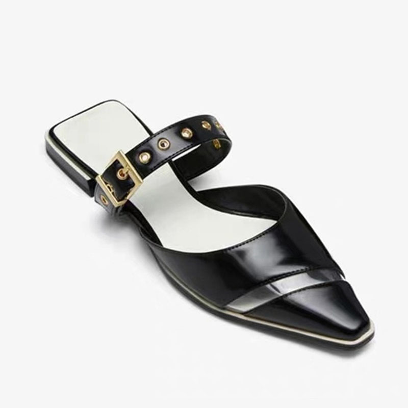 2021 High quality Ladies Metal Square Toe buckle Flat Sandals Women Outdoor Slip On Sandals