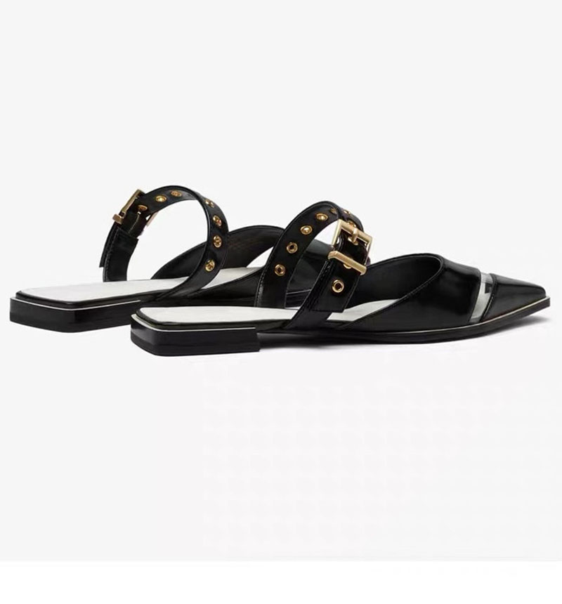 2021 High quality Ladies Metal Square Toe buckle Flat Sandals Women Outdoor Slip On Sandals