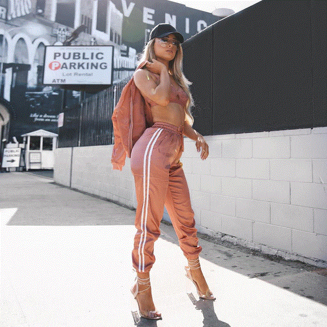 2021 High quality Women Zipper Side Stripe Tops Drawstring Calf Length Pants Workout suits