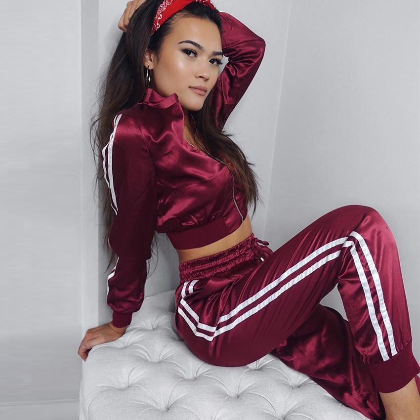 2021 High quality Women Zipper Side Stripe Tops Drawstring Calf Length Pants Workout suits