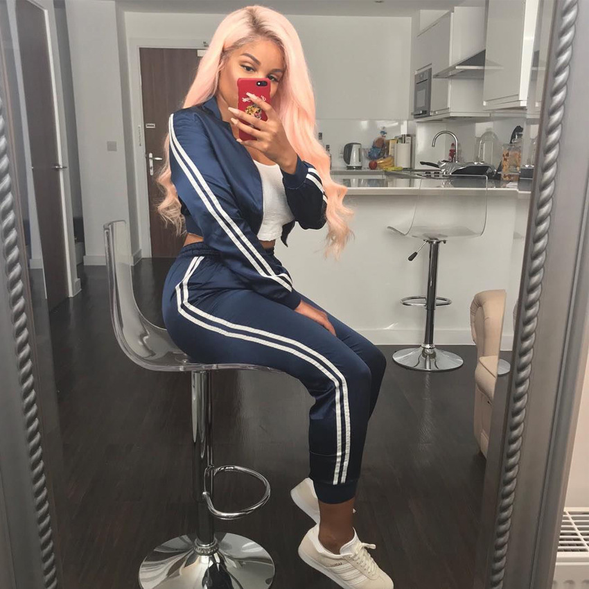 2021 High quality Women Zipper Side Stripe Tops Drawstring Calf Length Pants Workout suits