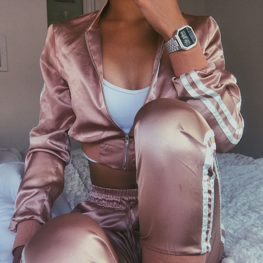 2021 High quality Women Zipper Side Stripe Tops Drawstring Calf Length Pants Workout suits