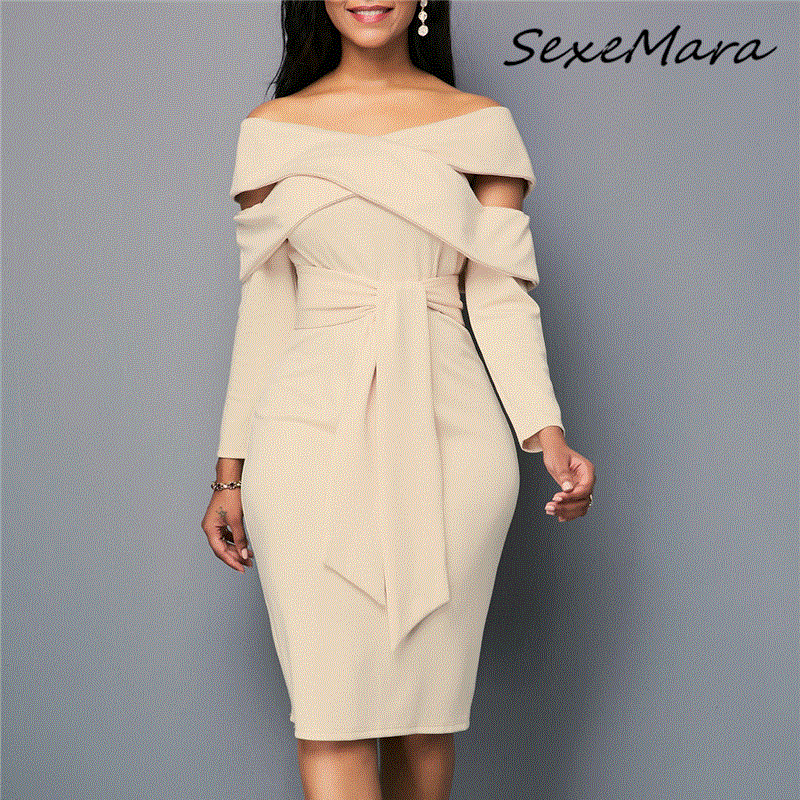 2021 High quality Women Sexy Off Shoulder Dress Plus Size Casual Long Sleeve Sash Midi Dress