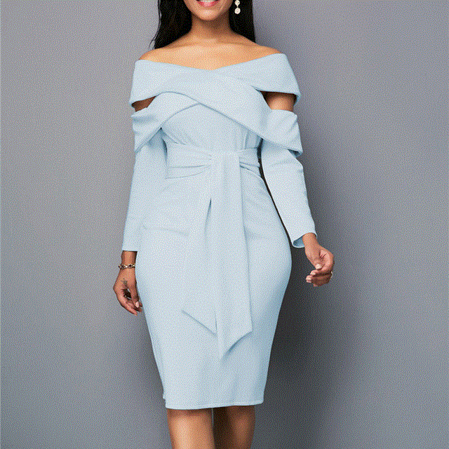 2021 High quality Women Sexy Off Shoulder Dress Plus Size Casual Long Sleeve Sash Midi Dress