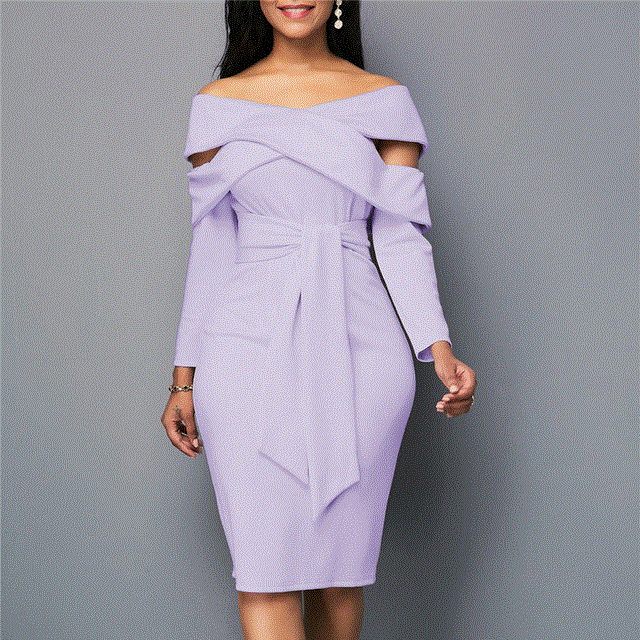 2021 High quality Women Sexy Off Shoulder Dress Plus Size Casual Long Sleeve Sash Midi Dress