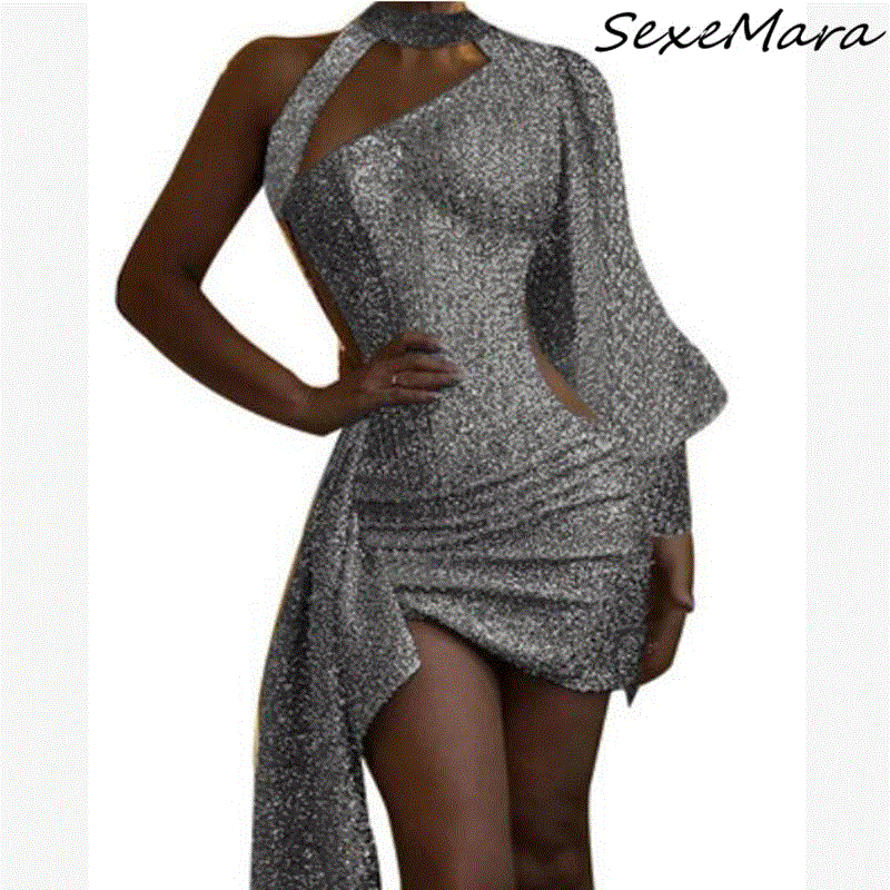 2021 High quality Women Party Dress One Shoulder Lantern Sleeve Sequin Irregular Dress