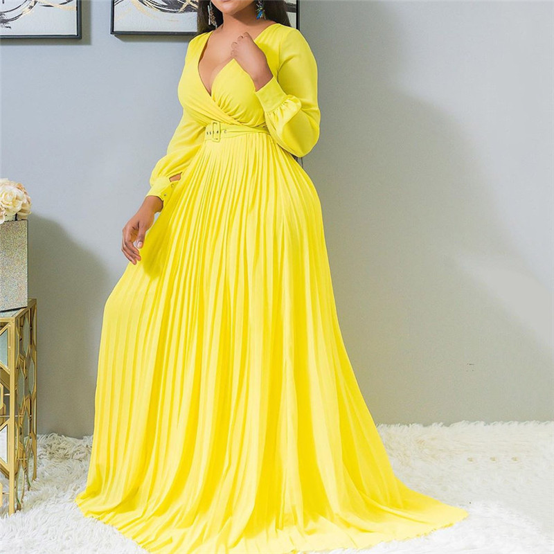 2021 High quality Sexy Women Party Dress Elegant Deep V-neck Draped Lantern Sleeves Dress
