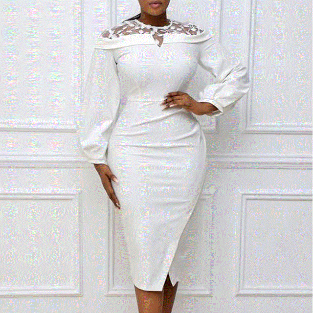 2021 High quality Women Dresses Long Lantern Sleeve Slim Office Ladies Classy Dresses