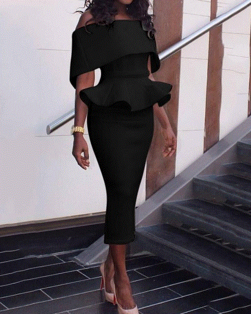 2021 High quality Women Office Dress Slash Neck Off the Shoulder Peplum Midi Dress