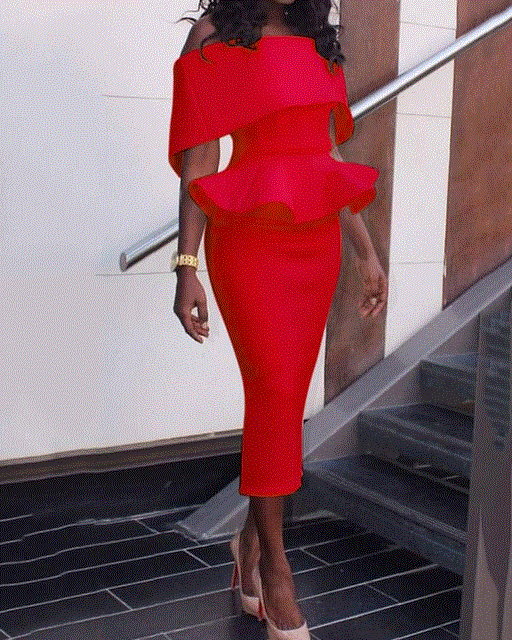 2021 High quality Women Office Dress Slash Neck Off the Shoulder Peplum Midi Dress