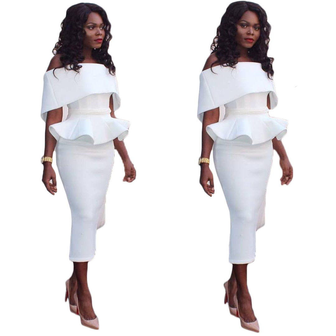 2021 High quality Women Office Dress Slash Neck Off the Shoulder Peplum Midi Dress