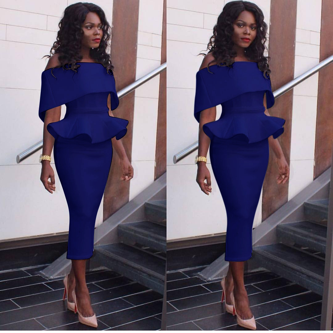 2021 High quality Women Office Dress Slash Neck Off the Shoulder Peplum Midi Dress