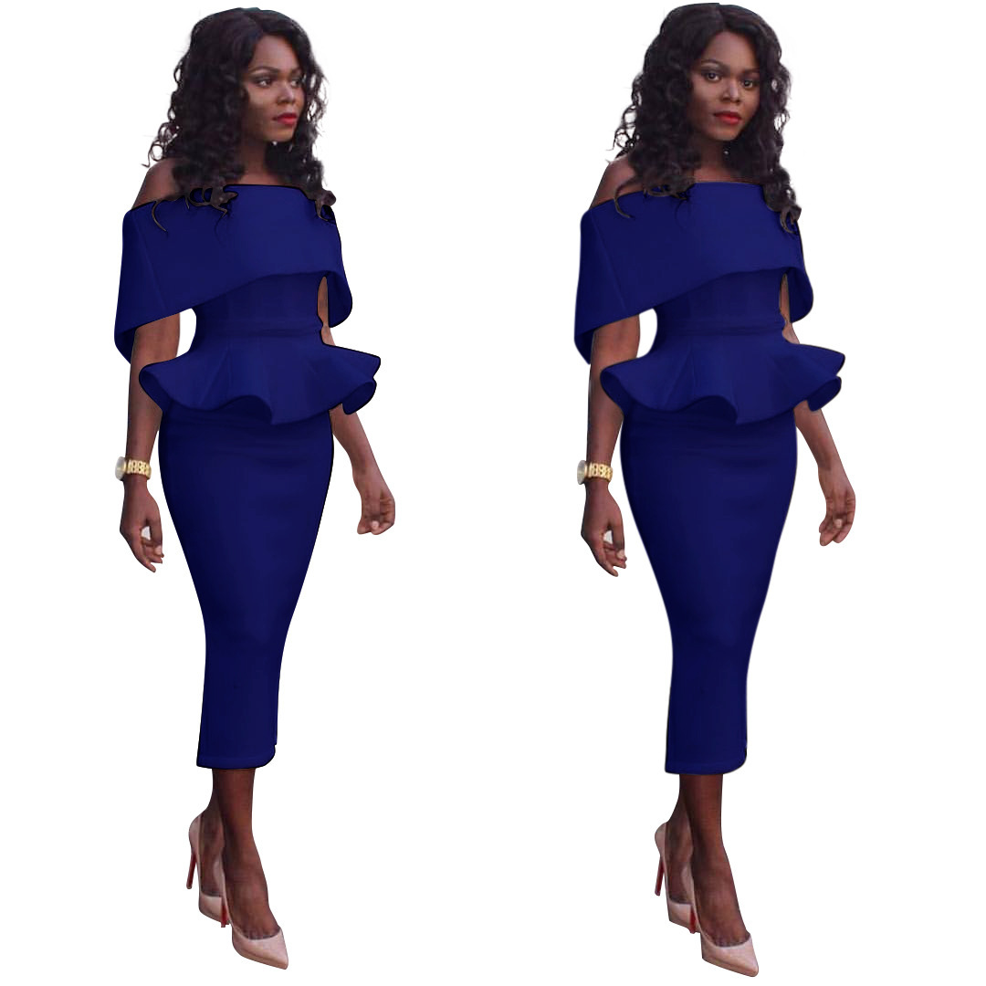 2021 High quality Women Office Dress Slash Neck Off the Shoulder Peplum Midi Dress