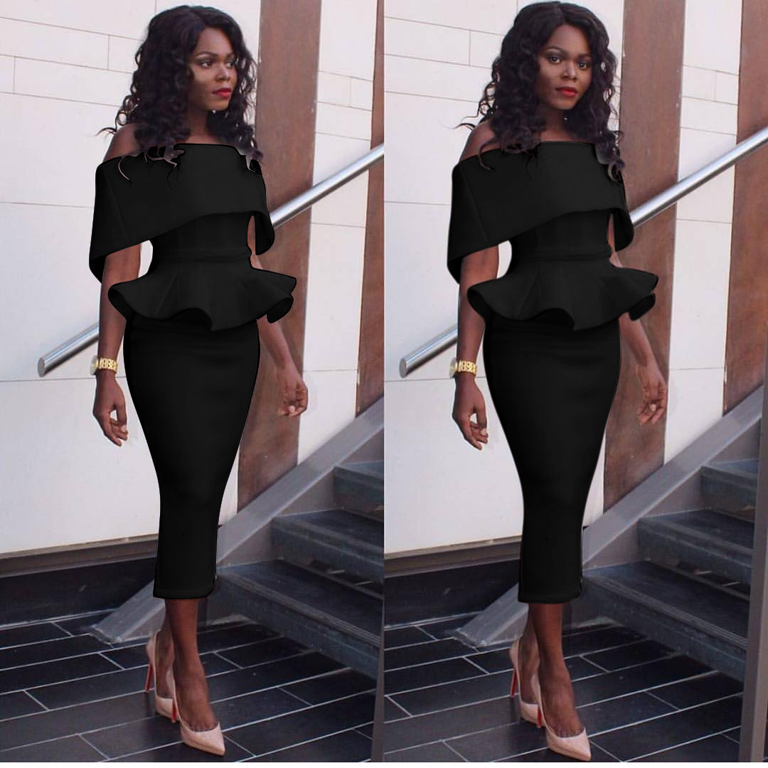 2021 High quality Women Office Dress Slash Neck Off the Shoulder Peplum Midi Dress