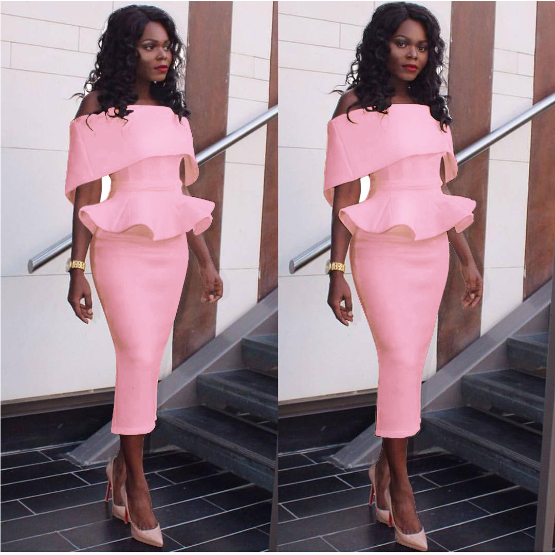 2021 High quality Women Office Dress Slash Neck Off the Shoulder Peplum Midi Dress