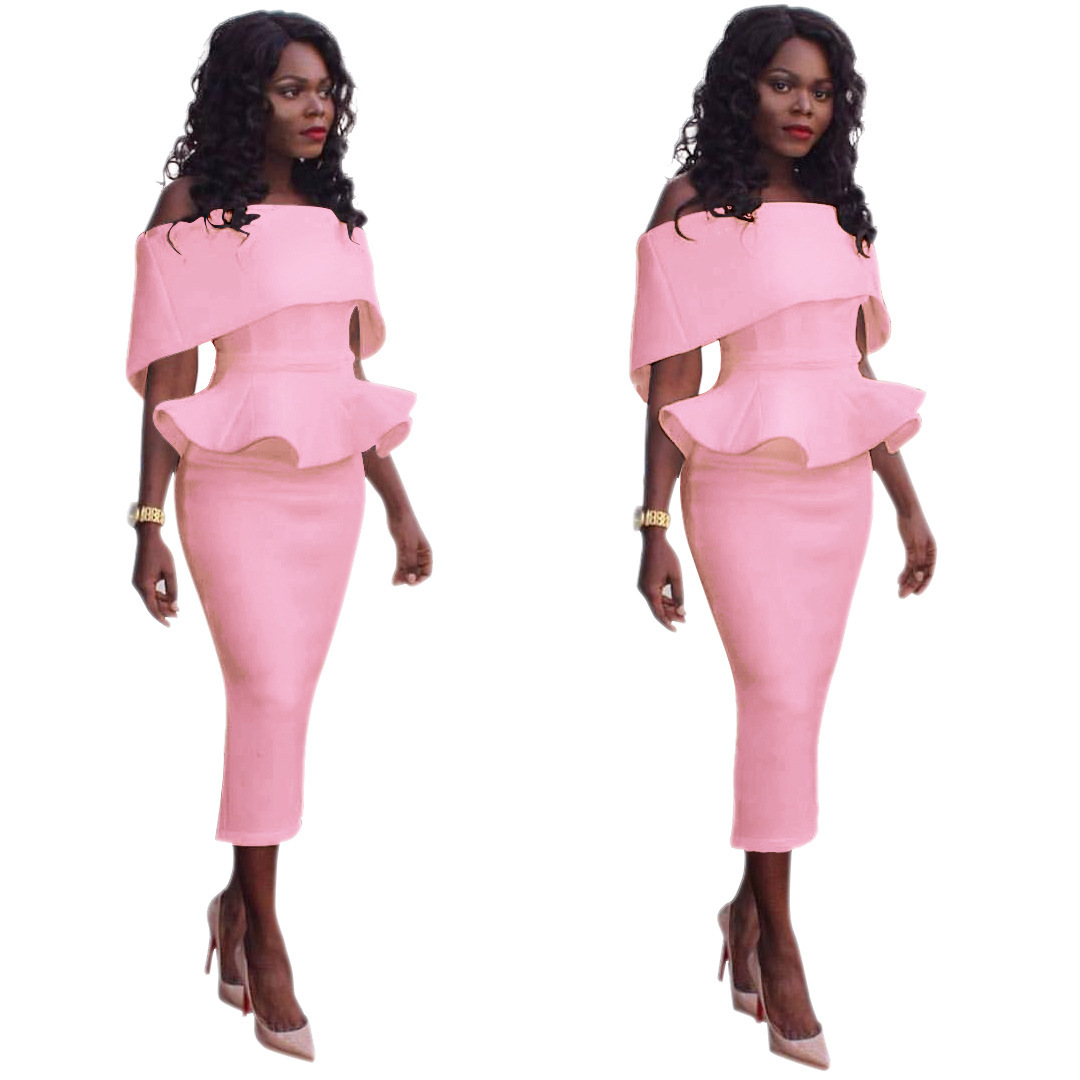 2021 High quality Women Office Dress Slash Neck Off the Shoulder Peplum Midi Dress