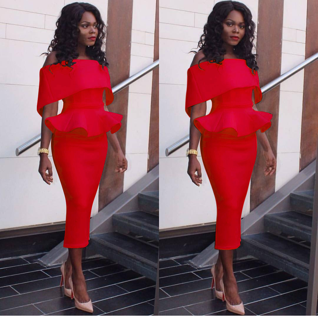 2021 High quality Women Office Dress Slash Neck Off the Shoulder Peplum Midi Dress