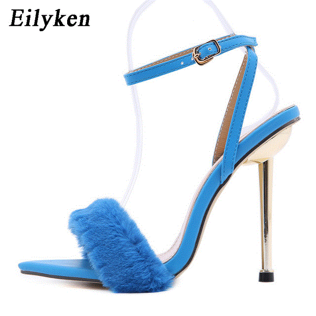 2021 High quality Women Sandals Sexy Open Toe Fuzzy Fur Summer High-Heeled Wedding Sandals