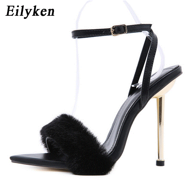 2021 High quality Women Sandals Sexy Open Toe Fuzzy Fur Summer High-Heeled Wedding Sandals