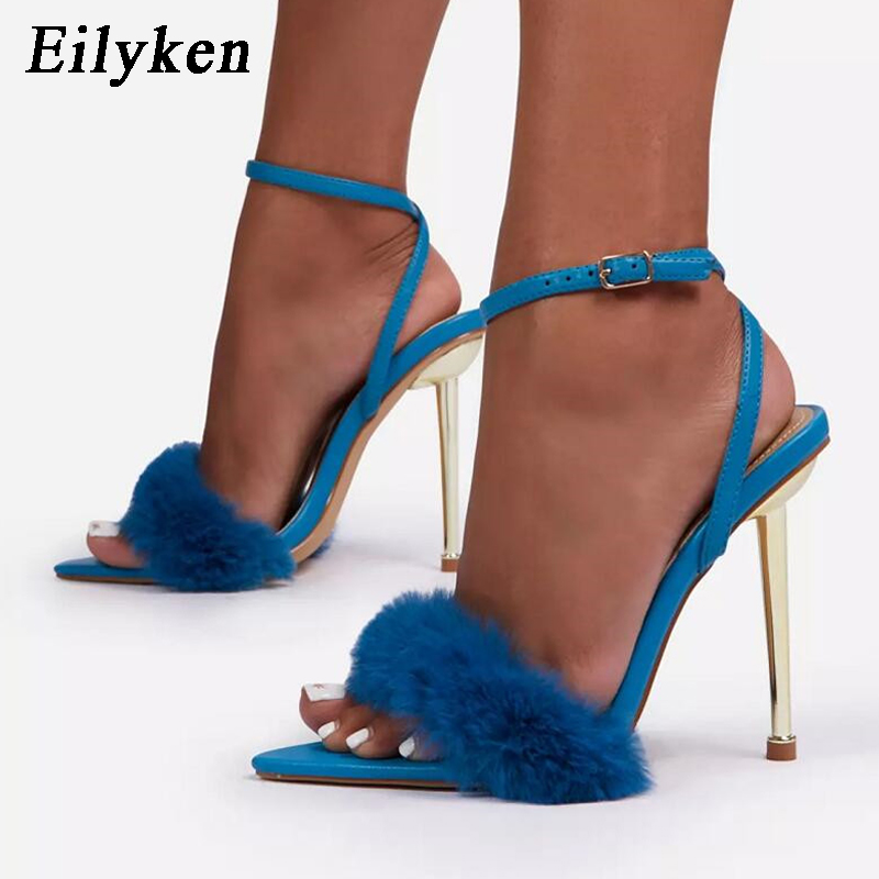 2021 High quality Women Sandals Sexy Open Toe Fuzzy Fur Summer High-Heeled Wedding Sandals