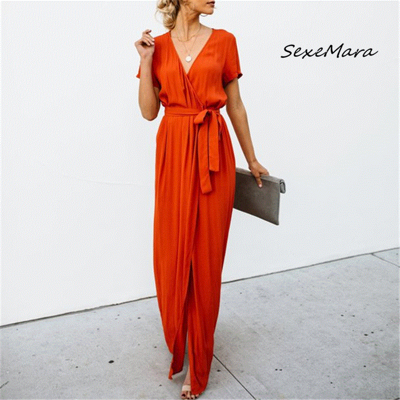 2021 High quality Women Office Casual Dress Sexy Slit Summer Plus Size Solid Maxi Elegant Dress