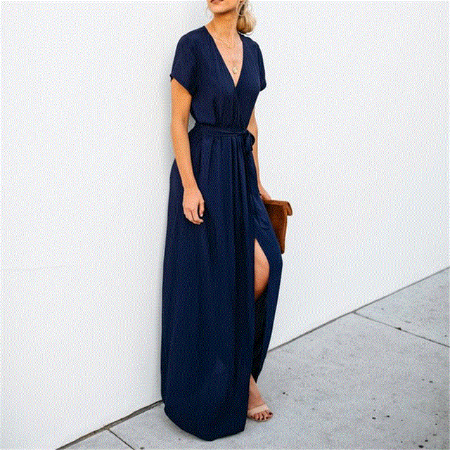 2021 High quality Women Office Casual Dress Sexy Slit Summer Plus Size Solid Maxi Elegant Dress