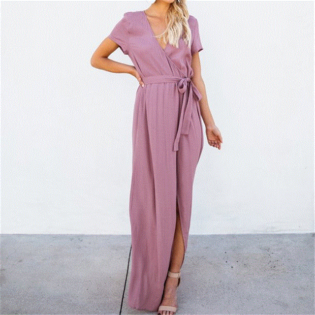 2021 High quality Women Office Casual Dress Sexy Slit Summer Plus Size Solid Maxi Elegant Dress