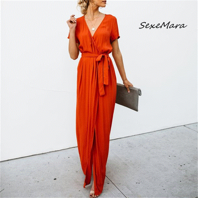 2021 High quality Women Office Casual Dress Sexy Slit Summer Plus Size Solid Maxi Elegant Dress