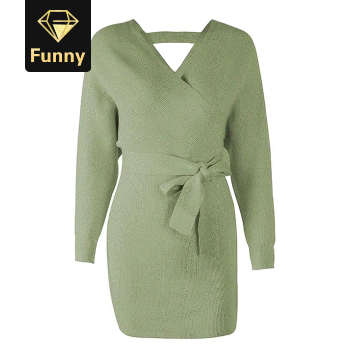 2021 High quality Women high waist v-neck belt knitted dress Casual ladies vintage sexy dress