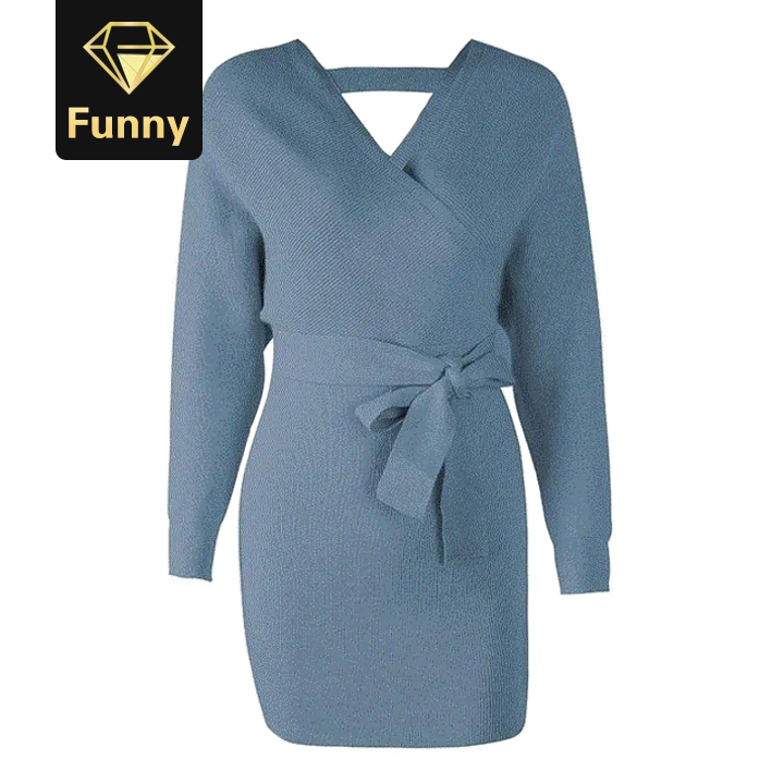 2021 High quality Women high waist v-neck belt knitted dress Casual ladies vintage sexy dress