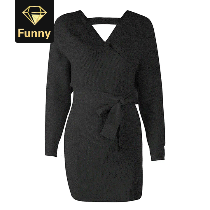 2021 High quality Women high waist v-neck belt knitted dress Casual ladies vintage sexy dress