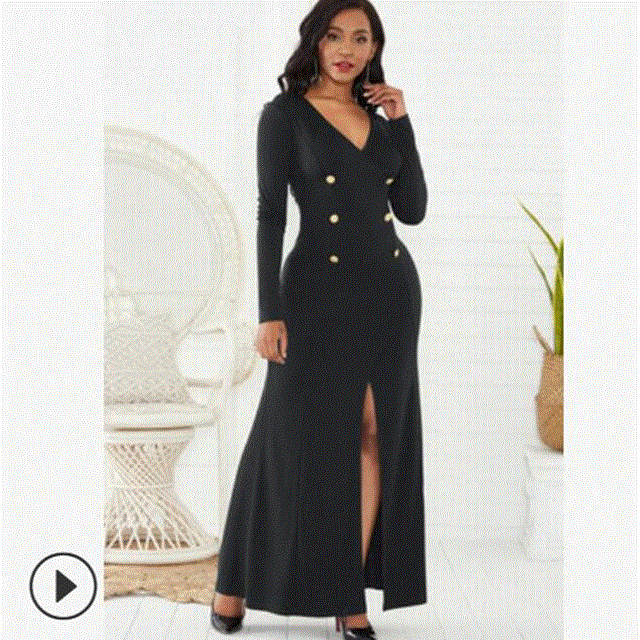 2021 High quality Women Sexy V-neck Fashion Women Maxi Dress Elegant Long Sleeve Button Sheath Slim Dress