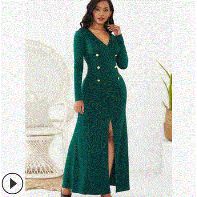 2021 High quality Women Sexy V-neck Fashion Women Maxi Dress Elegant Long Sleeve Button Sheath Slim Dress