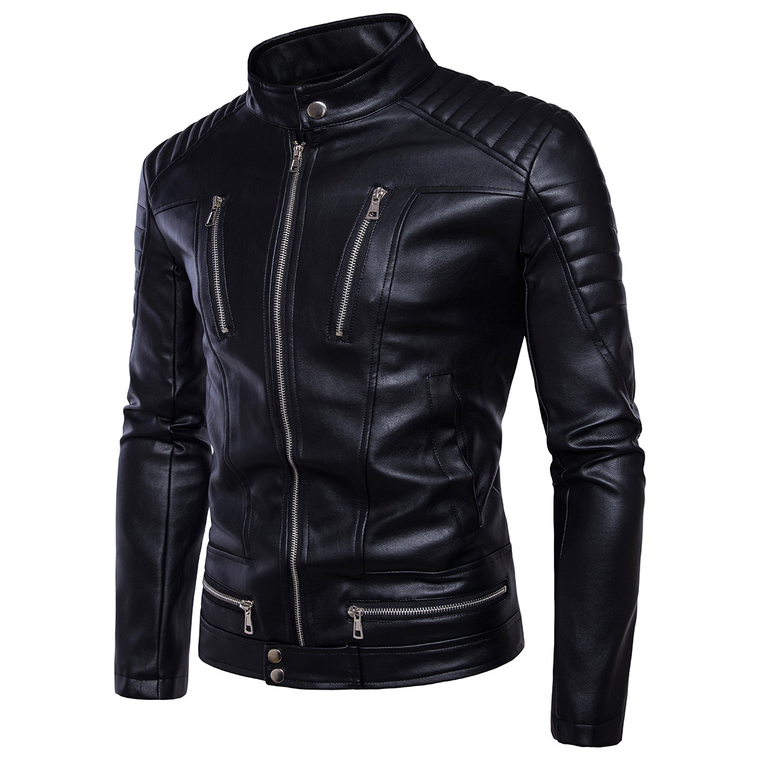 Mens Casual Leather Jackets Men Motorcycle Biker Zipper Pocket PU Leather Jacket Men Bomber Jackets