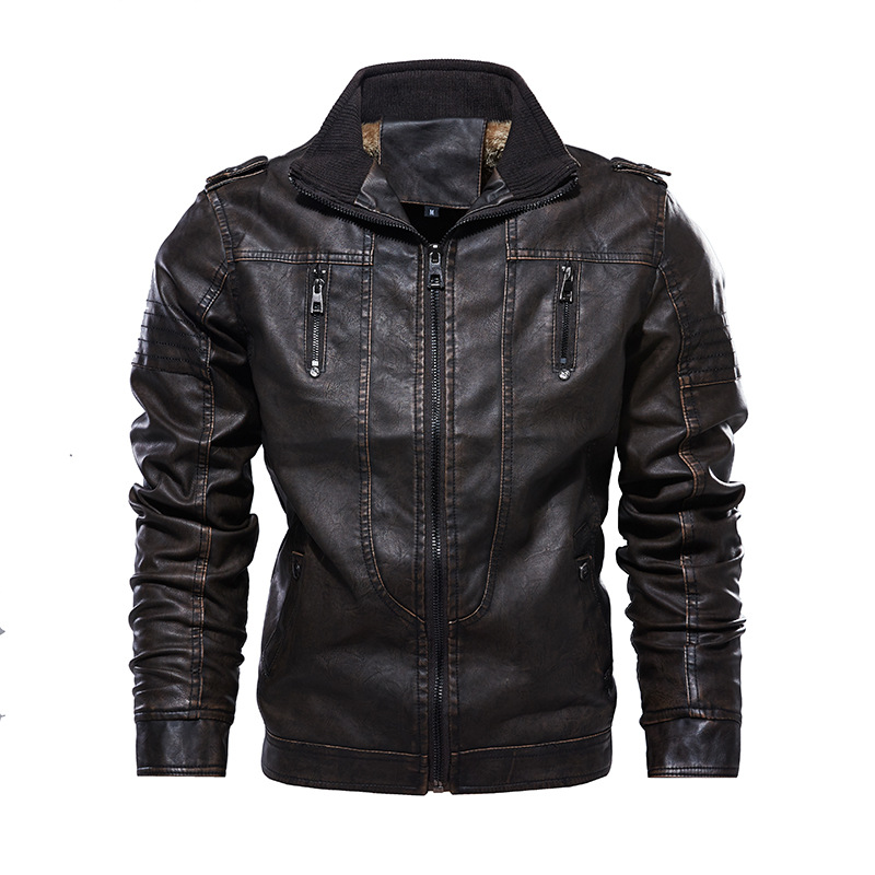 2021 High quality Men Washed PU Leather Motorcycle Jacket Thick Fleece Lining Coat Keep Warm Casual Jackets