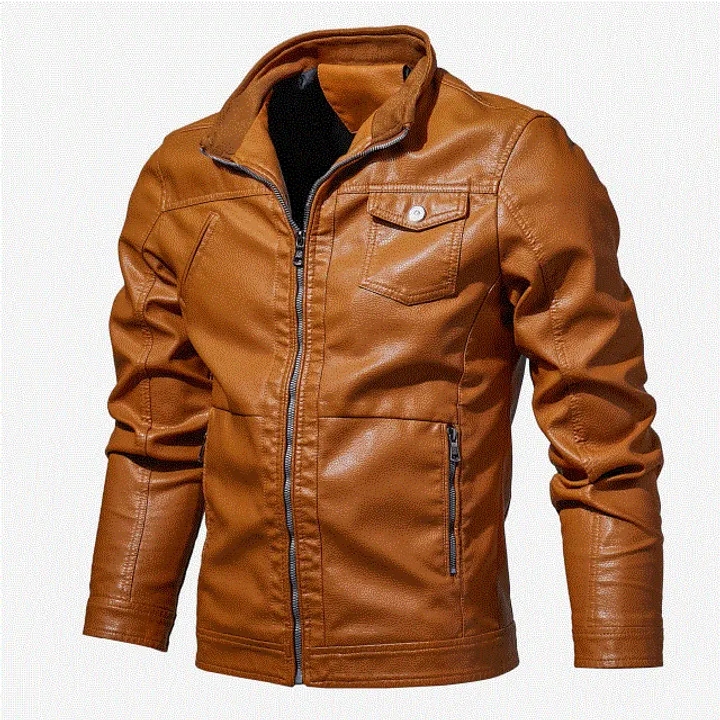 2021 High quality Mens PU Leather Jacket Stand Collar Motorcycle Solid Color Tops Zipper Leather Jackets