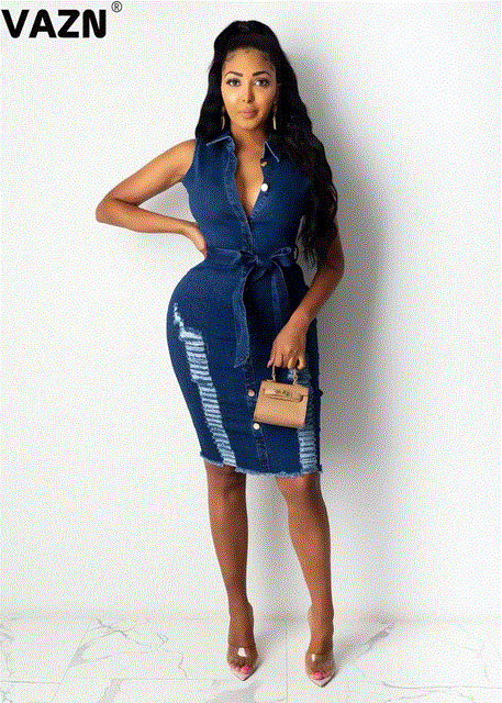 2021 High quality Plus Size Jean Dress Regular Office Sweet Sexy Tank Sleeve Lace Up High Waist Women Dress