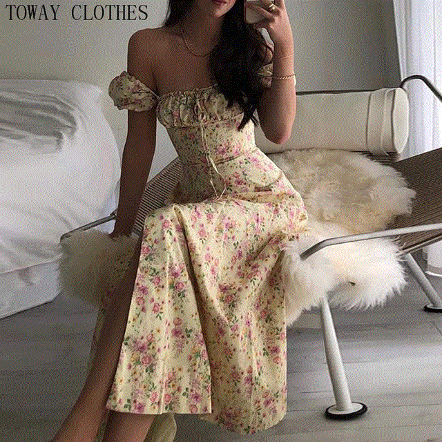 2021 High quality Women Summer Floral Print Ruched Puff Sleeve High Slit Maxi Dress
