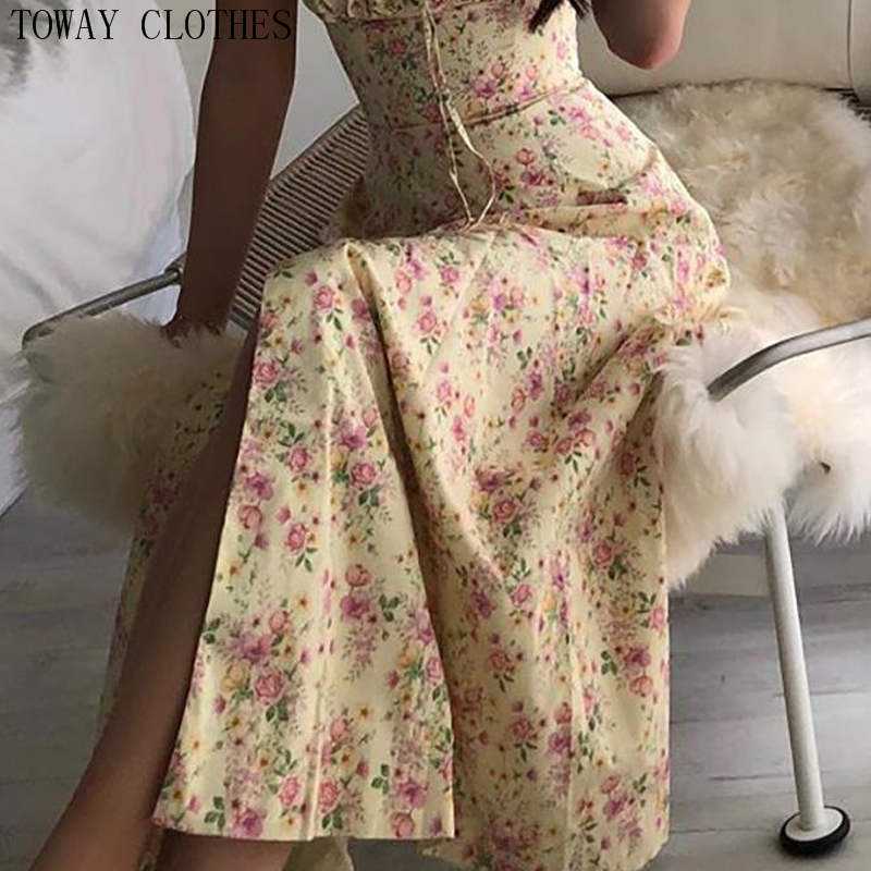 2021 High quality Women Summer Floral Print Ruched Puff Sleeve High Slit Maxi Dress