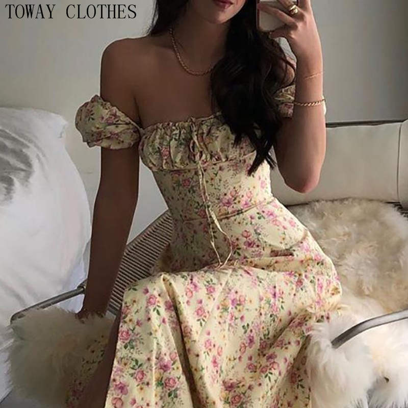 2021 High quality Women Summer Floral Print Ruched Puff Sleeve High Slit Maxi Dress