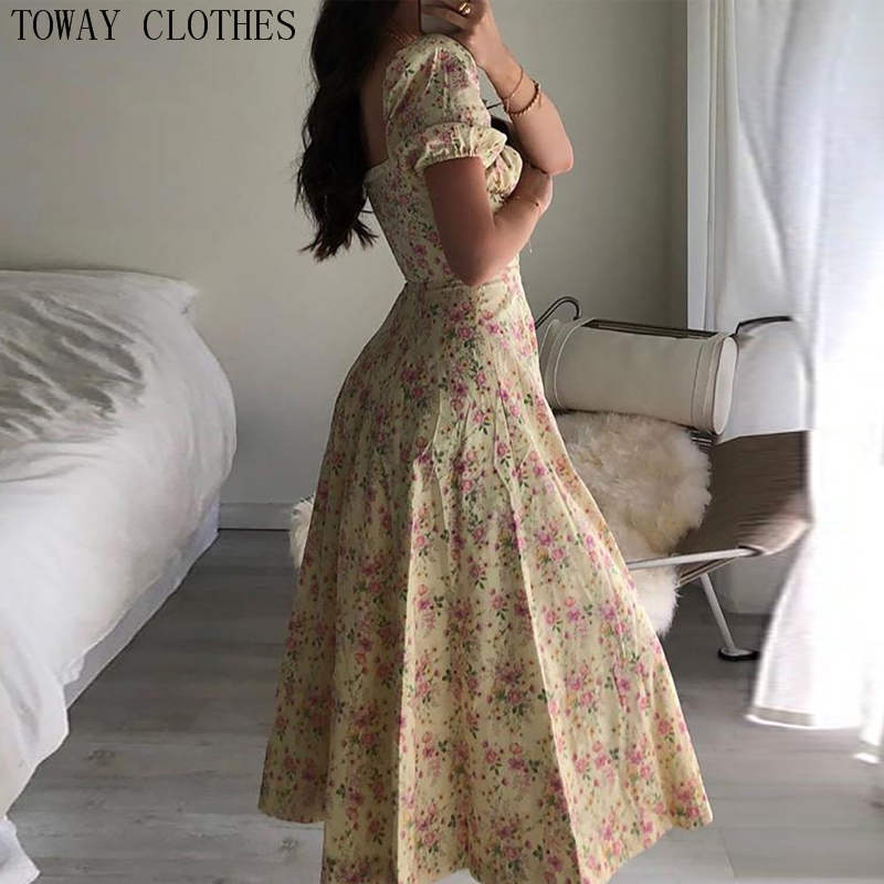 2021 High quality Women Summer Floral Print Ruched Puff Sleeve High Slit Maxi Dress