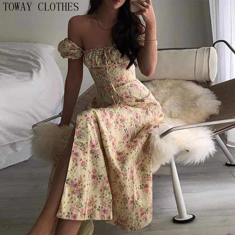2021 High quality Women Summer Floral Print Ruched Puff Sleeve High Slit Maxi Dress